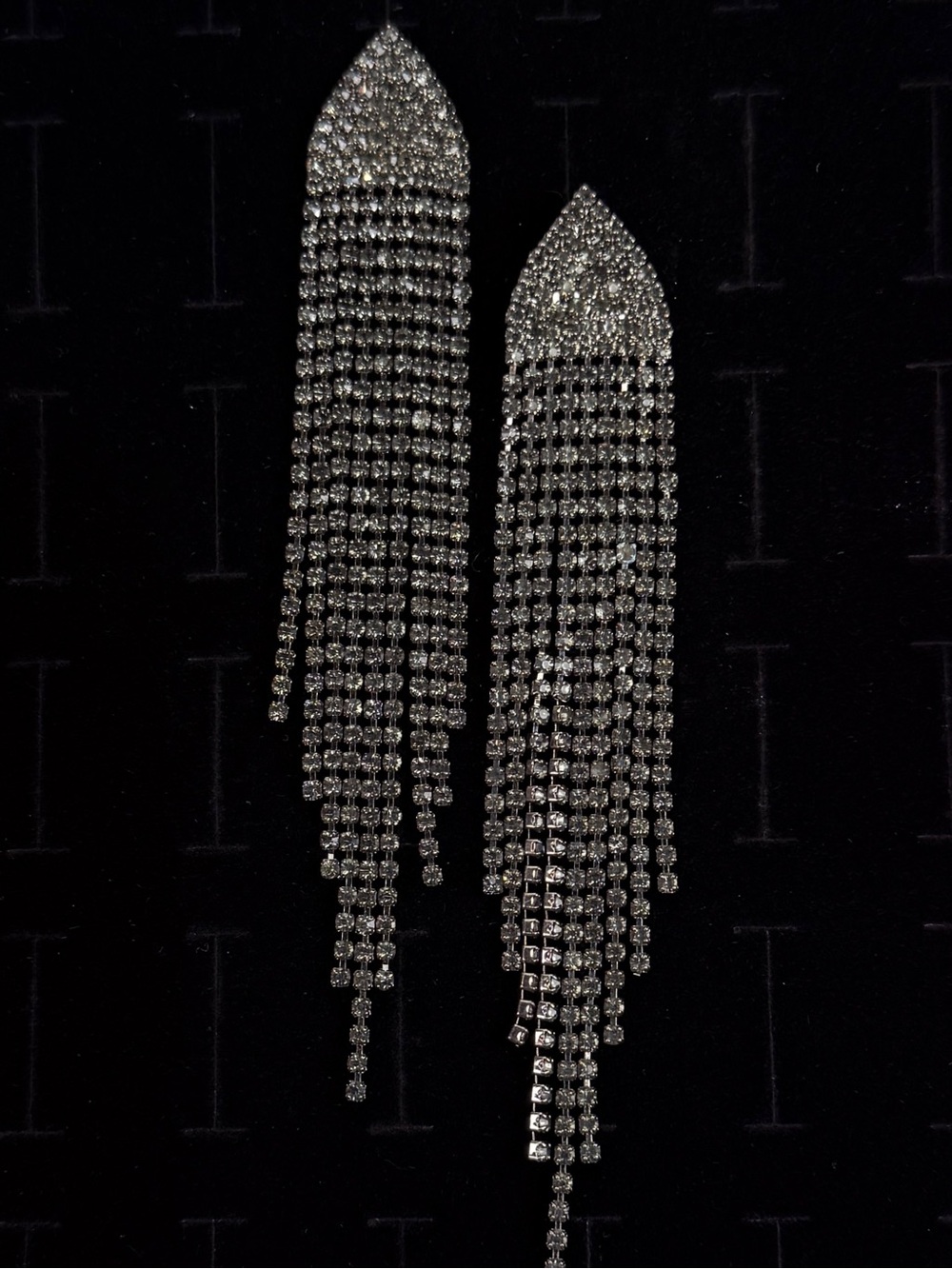 Beautiful black gunmetal, bling long fringe metal pierced earrings